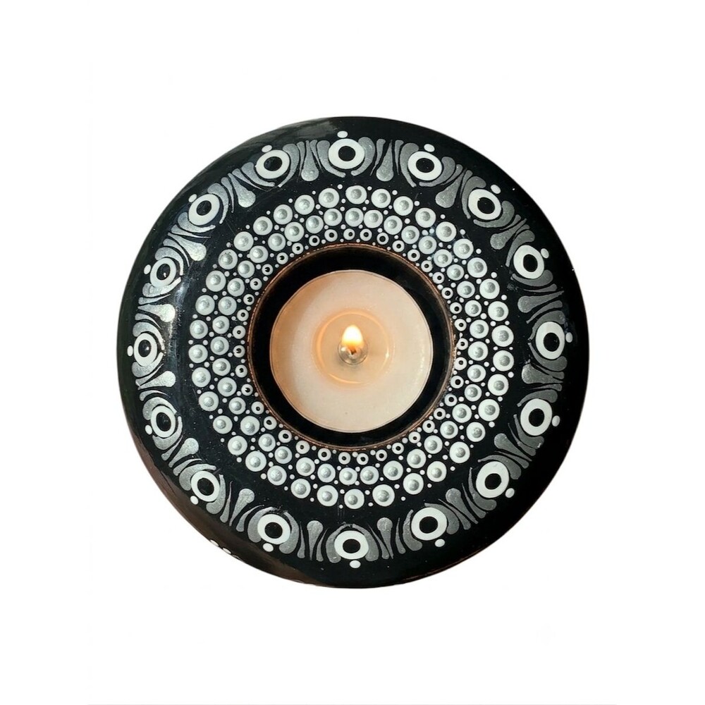 OOAK Handmade Mandala Tea Light Candle Holder - Ceramic - Black/White/Silver